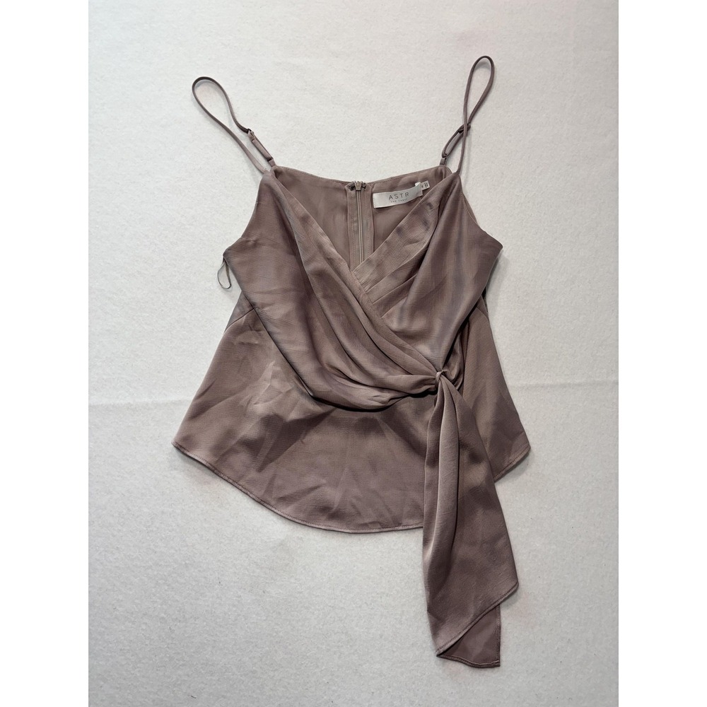ASTR The Label Tank Womens Medium Taupe Wrap Front Tie Satin Cami Top Party